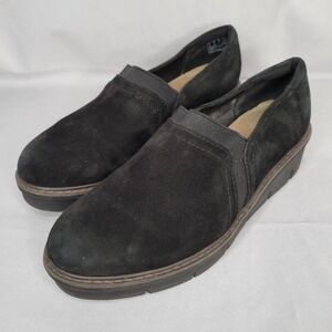 Clarks Womens Airabell Sky Loafers Wedge Platform Heel Black Suede Size 7.5M